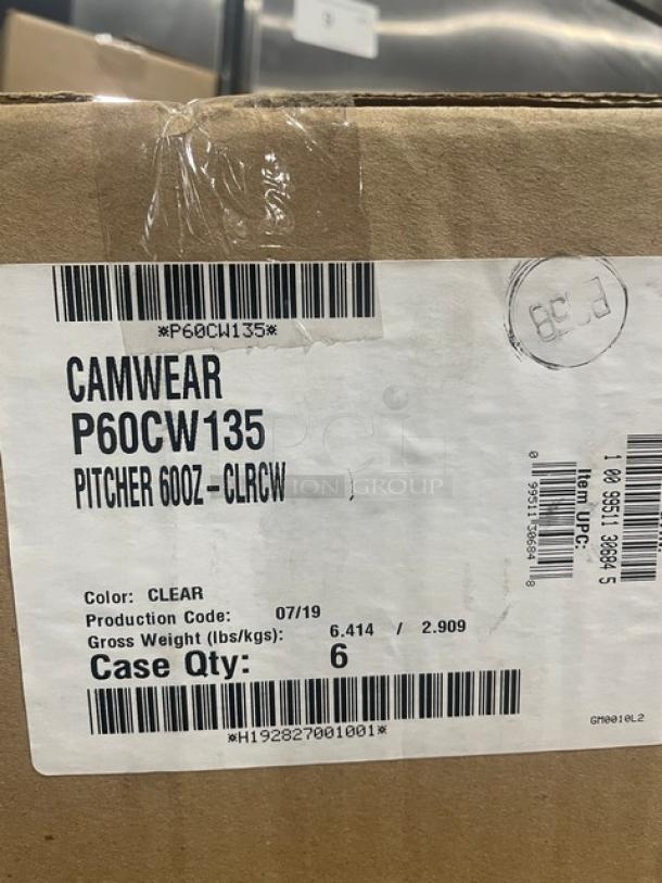 Cambro Camwear 60 oz. clear beverage pitcher, model P60CW135, brand new in box. Case quantity: 6.