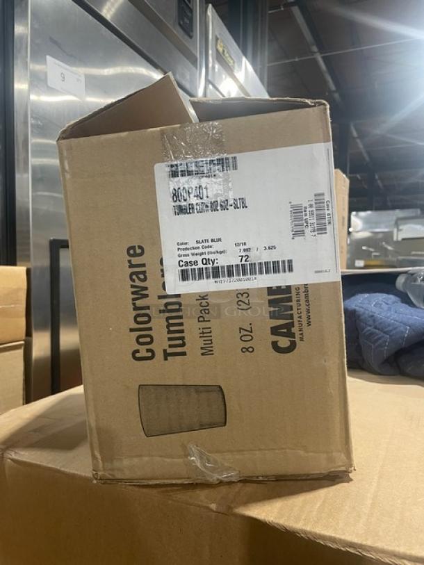 Cambro Colorware 800P401 Slate Blue 7.8 oz. tumblers, new in box. Case of 72. Durable, commercial-grade plastic.