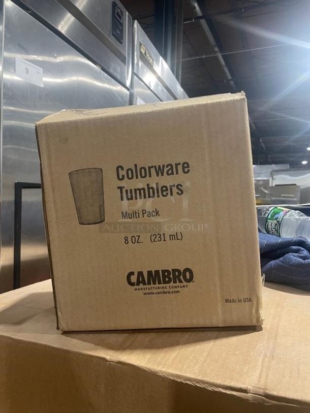 Cambro Colorware Series slate blue 7.8 oz. tumblers, brand new, in a box labeled "Colorware Tumblers Multi Pack, 8 oz. (231 mL)", 72 per case.
