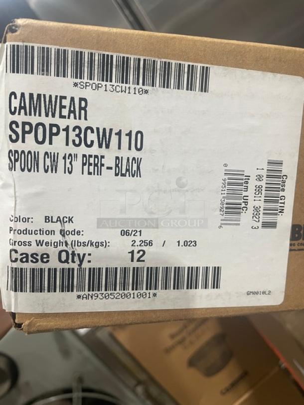 Brand new Cambro SPOP13CW110, 13" black perforated serving spoon case. Contains 12 units. Production date: 06/21.