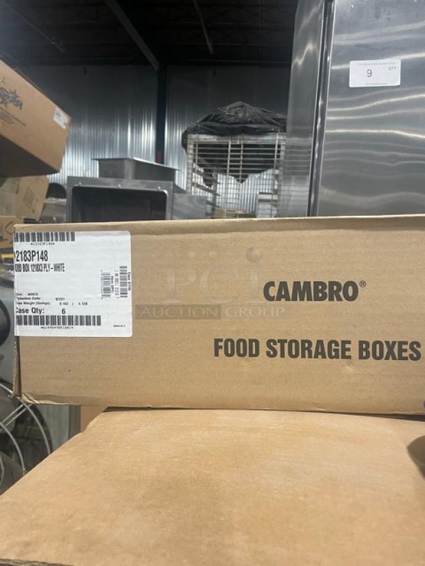 Cambro white polycarbonate food storage box, model 12183P148, 12"x18", 3" deep, new in box. Includes 6 boxes per order.