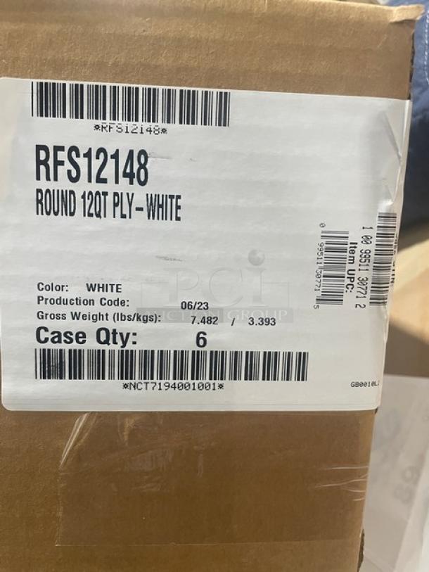 Brand new Cambro RFS12148 12 Qt. white food storage container. Case of 6. Production code: 06/23. Gross weight: 7.482 lbs.