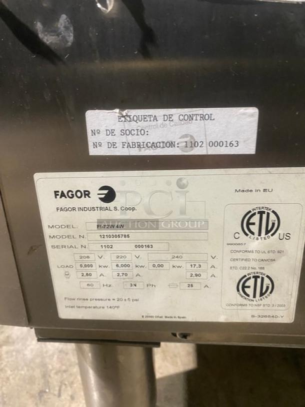 Fagor FI-72W4W stainless steel industrial dishwasher, scratch-n-dent, Energy Star certified, serial 1102 000163, 208-240V.
