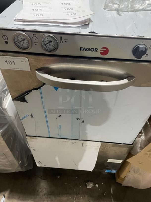 Fagor FI-72W4W commercial dishwasher, stainless steel, Energy Star certified, scratch-n-dent condition, with full-size cup rack.