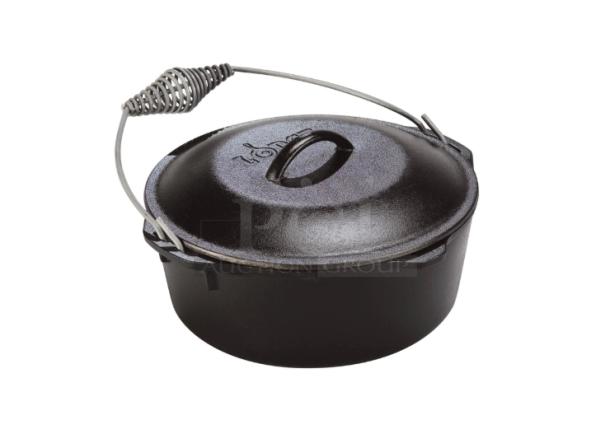 Brand new Lodge Cast Iron 5 Qt. Dutch Oven, Model L8DO3, with domed lid and spiral-style bail handle.