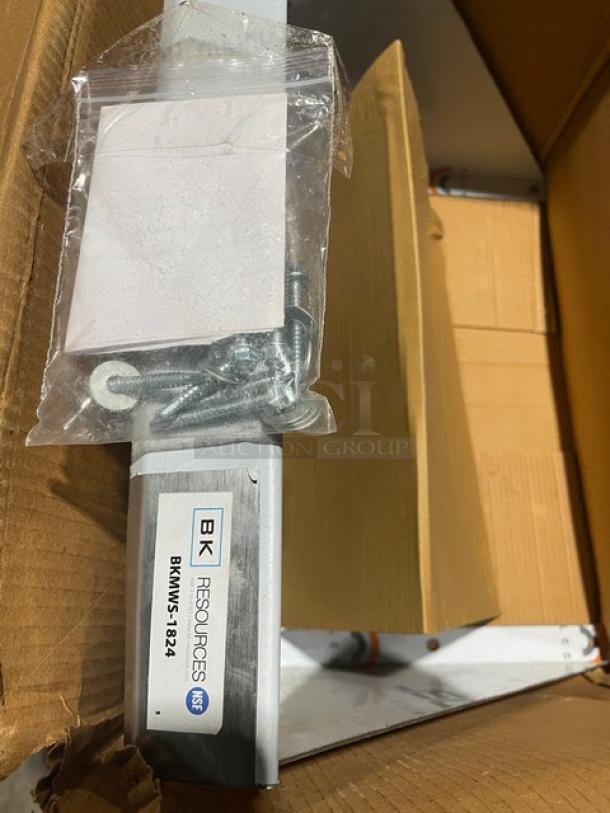 BK Resources stainless steel 24"x18" wall mount microwave shelf, model BKMWS1824, new with minor scratches and dents. Includes mounting hardware.