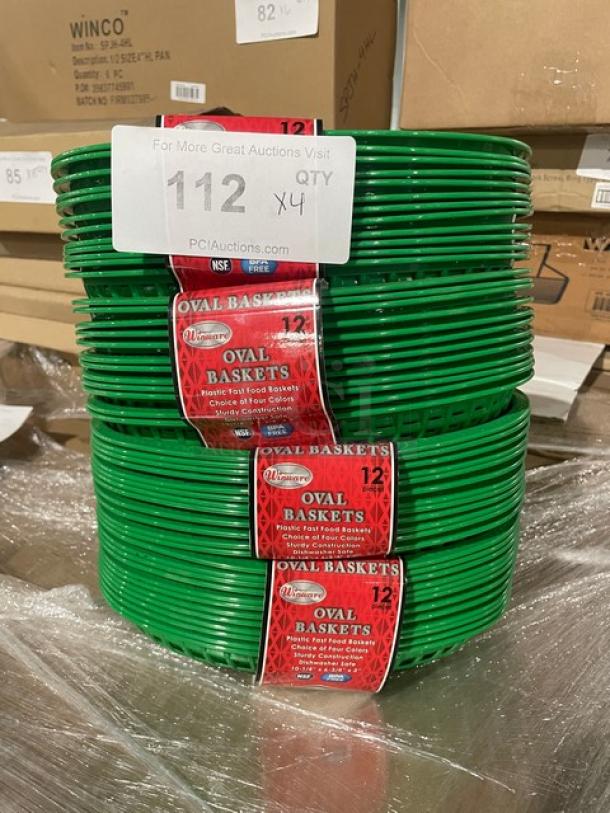 Brand new Winco Winware Series green oval fast food baskets, Model POB-G. Pack of 12 per case. Sturdy construction.
