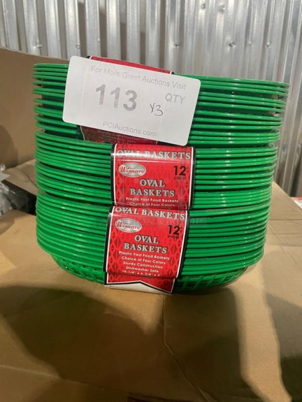 Winco Winware Series green oval serving baskets, model POB-G, brand new, 12 per case, plastic material.