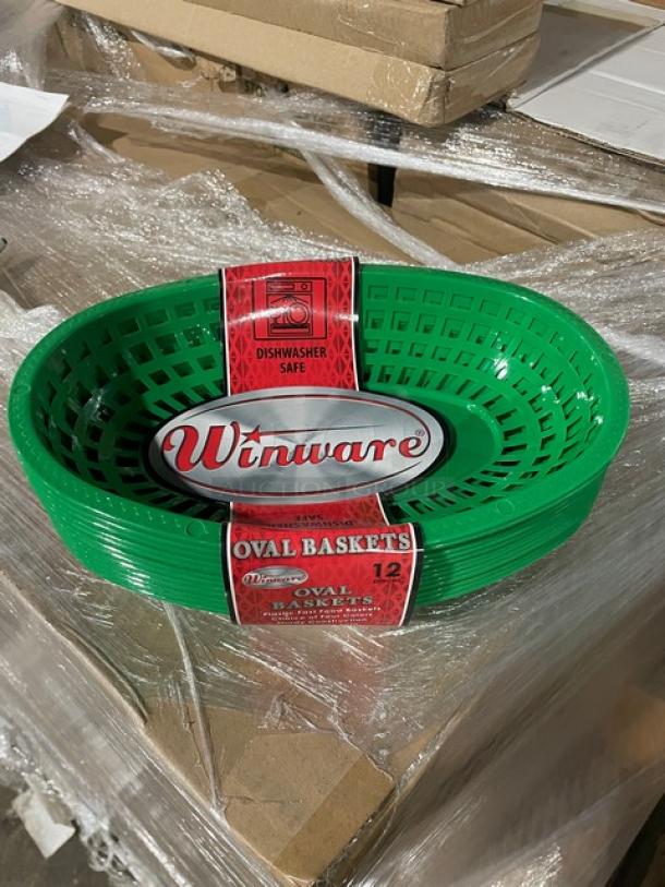 Winco Winware green oval fast food serving baskets, model POB-G, brand new, dishwasher safe, 12 per case.