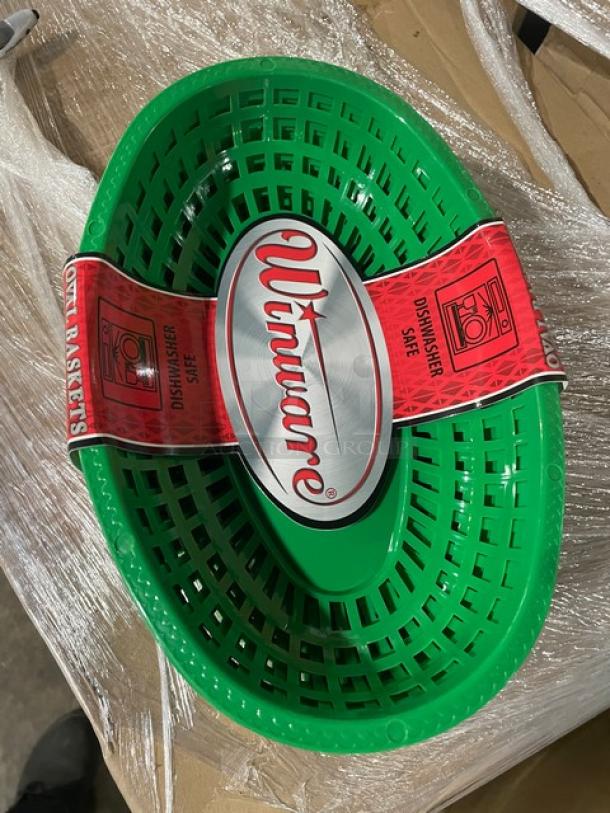 Winco Winware green oval serving basket, model POBG. New condition, dishwasher safe tag, 12 per case.