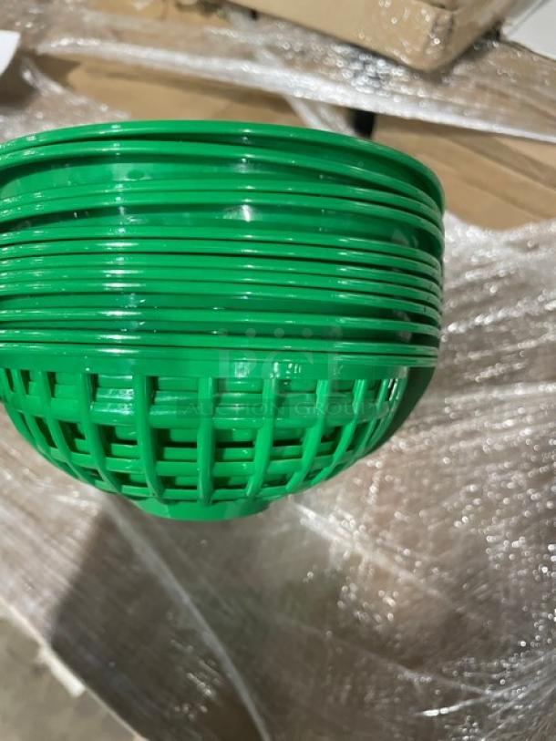 Brand new Winco Winware green oval fast food serving baskets, model POBG. Commercial-grade, stack of twelve.