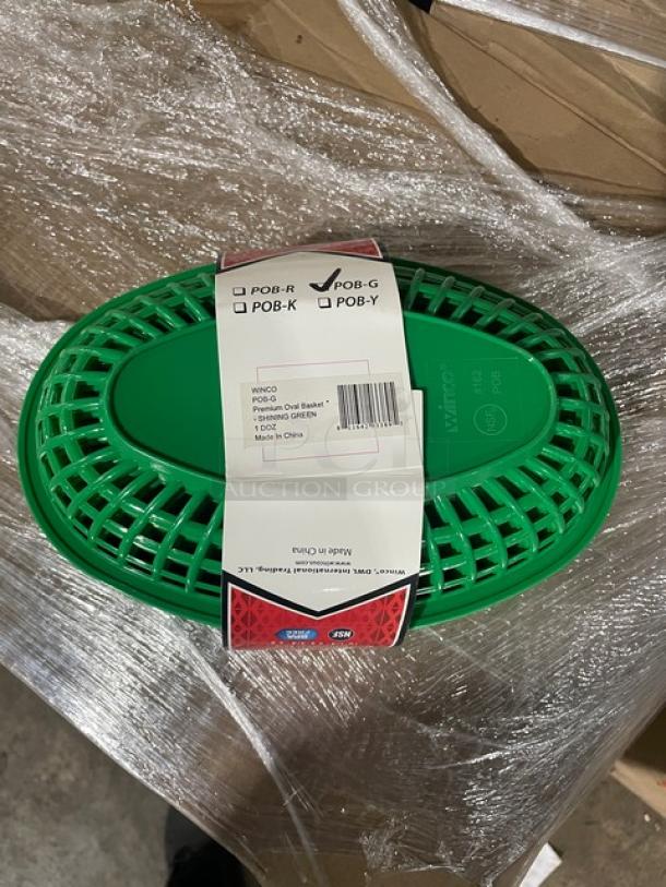 Brand new Winco Winware Series green oval fast food serving basket, Model POB-G, 12 per case, commercial quality.