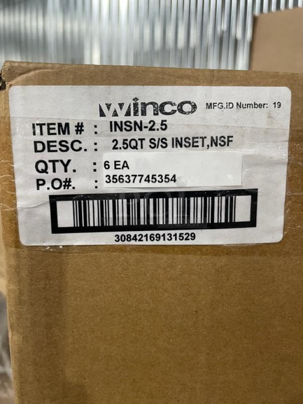 Winco Prime Series 2.5 Qt. Stainless Steel Inset Pan, Model INSN-2.5, New in Box with label details.