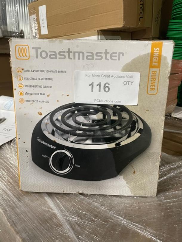 Toastmaster TM10SB black electric countertop single burner. Brand new, adjustable temperature, coil top, 120V. Box shown.