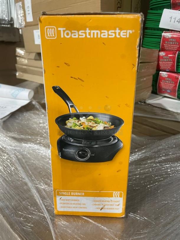 Brand new Toastmaster TM10SB black electric countertop single burner with adjustable temperature and coil top, 120V.