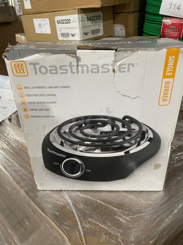 Brand new Toastmaster TM-10SB black electric single burner, adjustable temperature, coil top, 120V, in original packaging.
