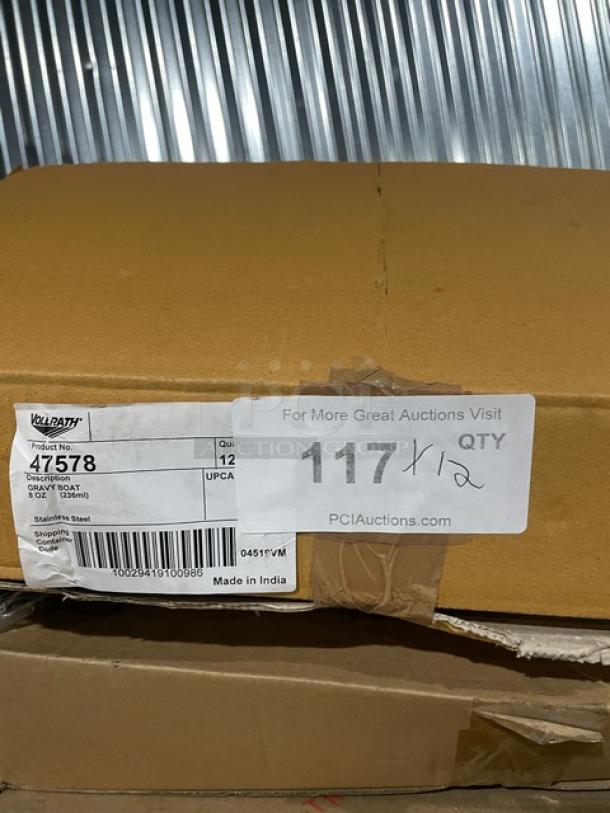 Vollrath Model 47578, 8 oz stainless steel gravy boat, mirror shine finish, gadroon base. Brand new, box label visible.