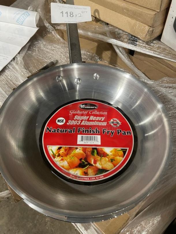 Winco Gladiator Collection 12” round fry pan, model AFP-12A, new condition, natural finish, 3003 aluminum, NSF certified.