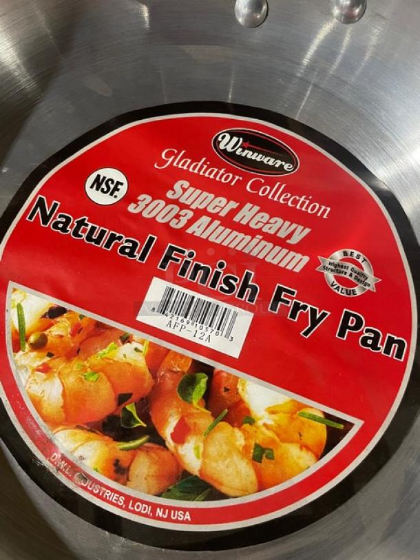 BRAND NEW Winco Winware Gladiator Collection 12” fry pan, aluminum, model AFP-12A. Natural finish, NSF certified.
