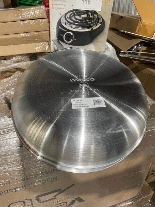 Brand new Winco Winware Gladiator 12” aluminum fry pan, model AFP-12A, natural finish. Includes manufacturer tags.