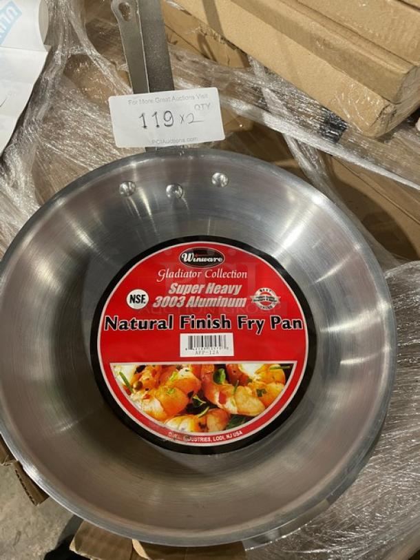 Winco AFP-12A 12" aluminum fry pan from Gladiator Collection, brand new with natural finish. Model label visible.