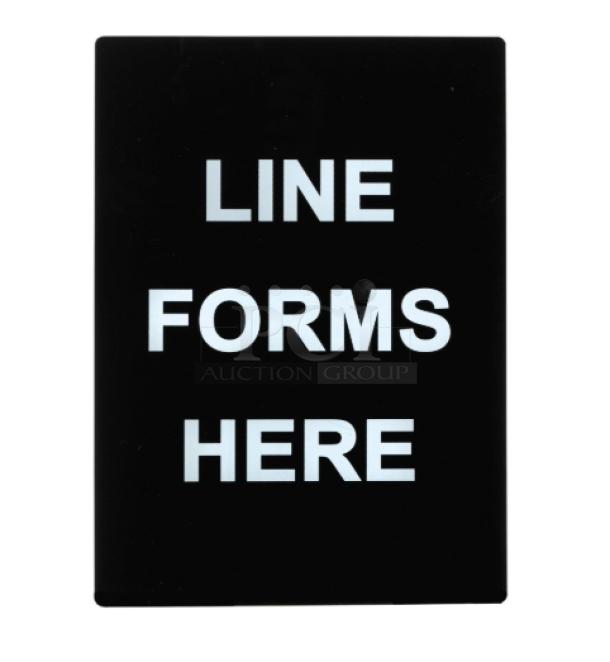 Brand new Winco SGN-803 "Line Forms Here" sign, black with white text, ideal for commercial use.