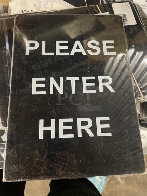 Brand new Winco SGN801 black sign with white "Please Enter Here" text, commercial-grade, glossy finish.