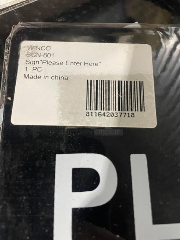 Winco SGN-801 "Please Enter Here" sign, brand new, commercial use, black color, barcode visible, made in China.