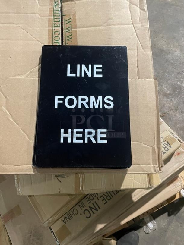 Brand new Winco SGN803 black plastic "Line Forms Here" sign, white text, perfect condition.