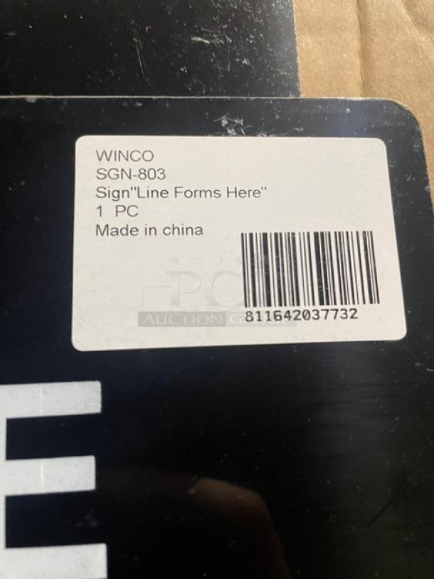 Brand new Winco "Line Forms Here" sign, Model SGN-803, commercial quality, black, label with barcode visible.