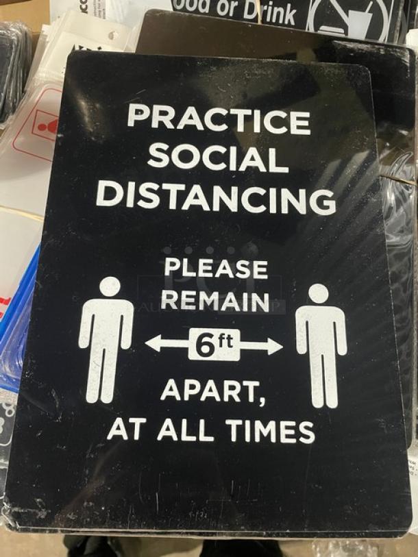Winco SGN-806 black sign, "Practice Social Distancing, Please Remain 6ft Apart," new condition.