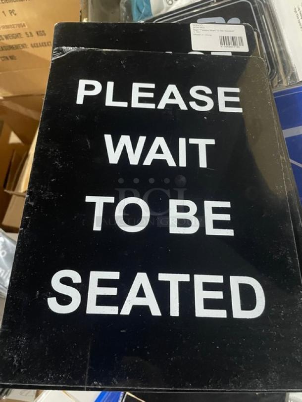 Winco SGN802 sign saying "Please Wait To Be Seated," brand new, black with white text, commercial use.