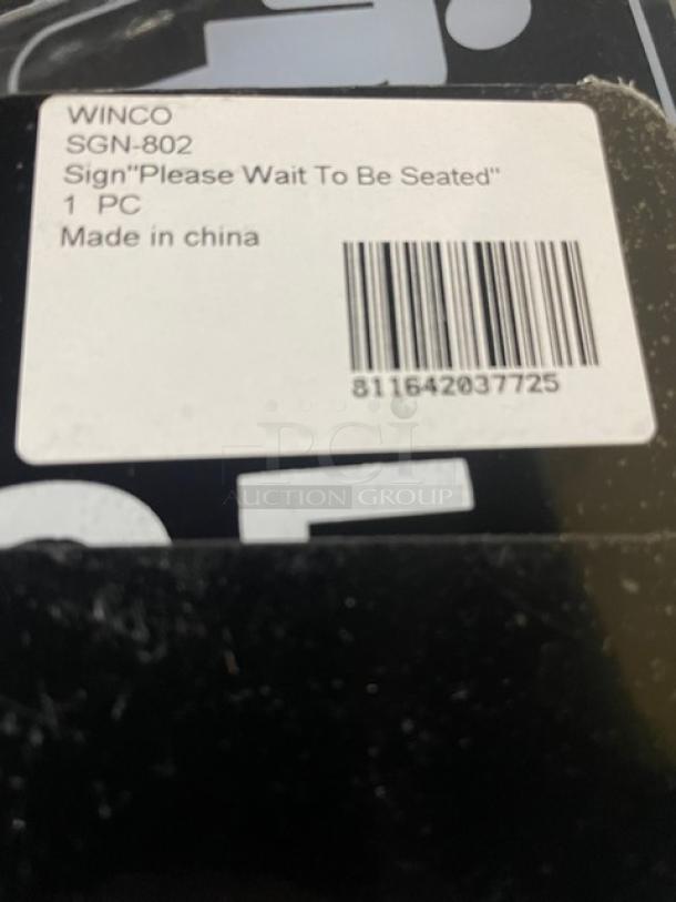 Winco SGN-802 black "Please Wait To Be Seated" sign, brand new, commercial use, labeled 1 PC, made in China.