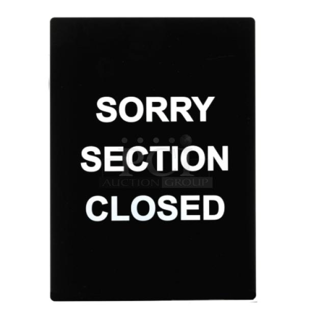 Winco SGN804 commercial "Sorry Section Closed" sign, black, brand new, bold white text.
