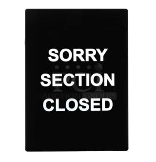 Winco SGN804 commercial "Sorry Section Closed" sign, black, brand new, bold white text.