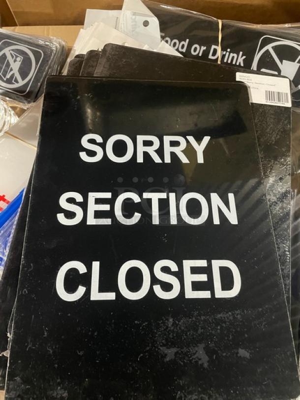 Winco SGN-804 "Sorry Section Closed" sign, black, new condition, model tag visible.