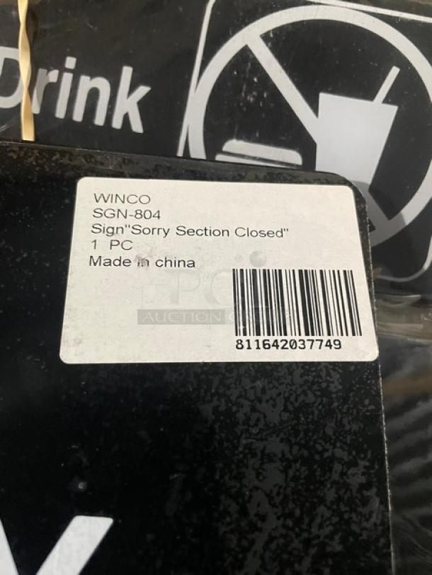 Winco SGN-804 "Sorry Section Closed" sign, brand new, black, commercial use. Label shows model and barcode details.
