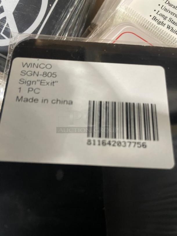 Winco SGN-805 commercial "Exit" sign, brand new, black, features barcode and label indicating made in China.