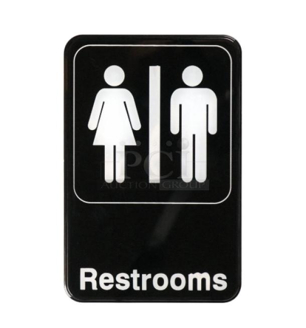 Brand new Winco SGN-603 black "Restrooms" sign, features universal symbols, ideal for commercial use.