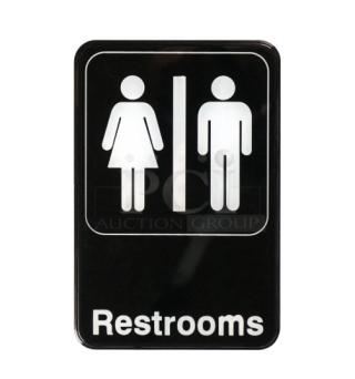 Brand new Winco SGN-603 black "Restrooms" sign, features universal symbols, ideal for commercial use.