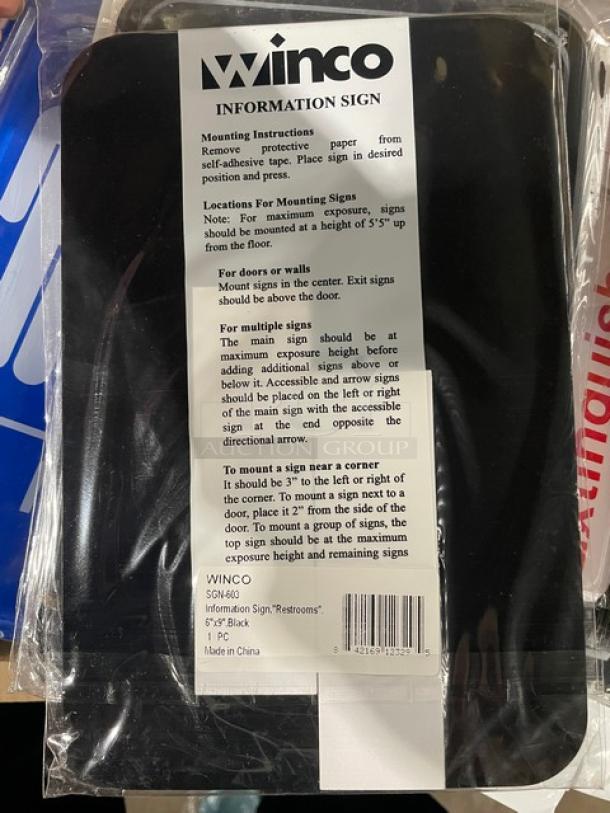 Brand new Winco SGN603 black "Restrooms" sign, 6"x9", commercial use, with mounting instructions and barcode.