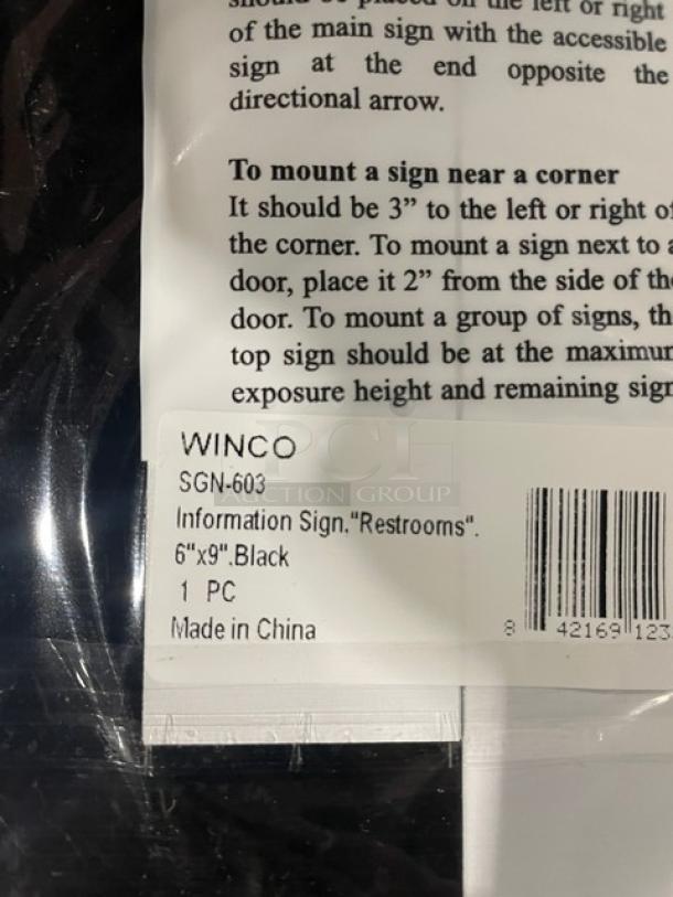 Winco SGN-603 commercial "Restrooms" sign, black, 6"x9", brand new. Includes mounting instructions. Made in China.