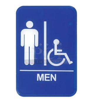 Brand new Winco SGN-652B blue "Men/Accessible" sign. Dimensions: 4x. White symbols and text on blue background.