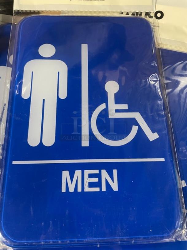 Blue "Men/Accessible" restroom sign by Winco, model SGN-652B, brand new condition.