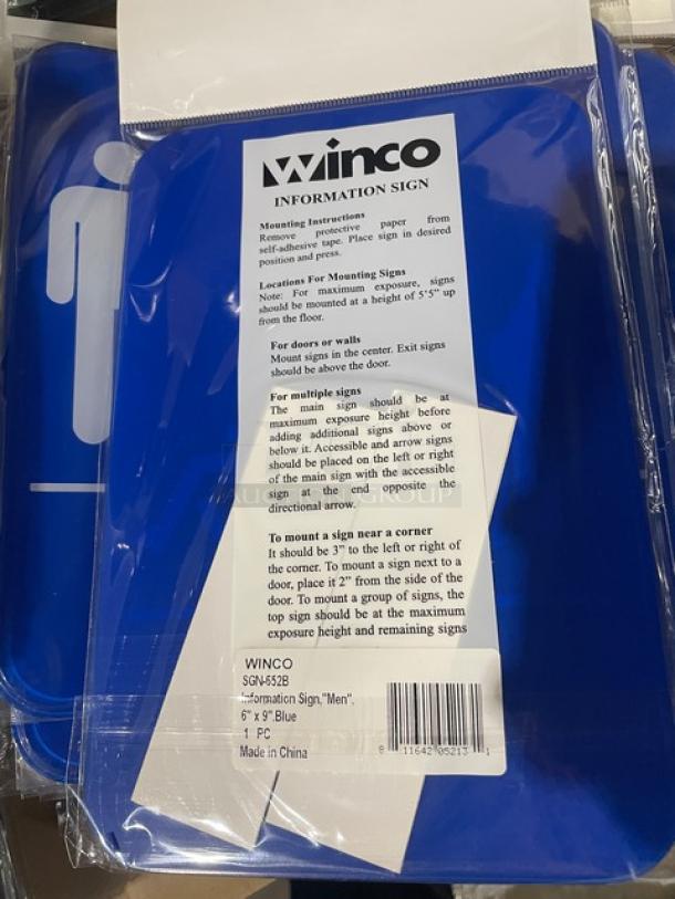 Winco Blue "Men/Accessible" Sign SGN-652B, brand new, 6"x9", includes mounting instructions, model SGN652B.