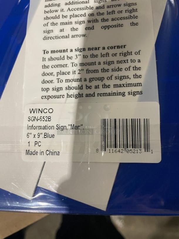 Brand new Winco SGN-652B blue "Men/Accessible" sign, 6"x9", model label visible, made in China.