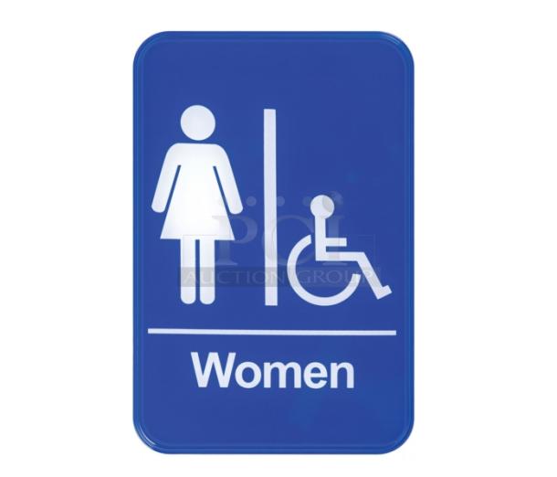Brand new Winco SGN651B blue women's accessible restroom sign, featuring symbols for women and wheelchair access.