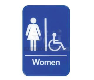 Brand new Winco SGN651B blue women's accessible restroom sign, featuring symbols for women and wheelchair access.