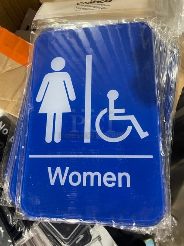 Brand new Winco SGN-651B blue "Women/Accessible" sign, 4x bid, commercial use, in original packaging.