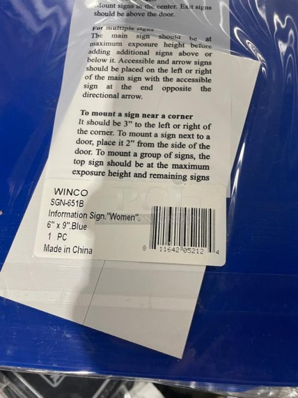 Winco SGN-651B blue "Women/Accessible" sign, 6"x9", brand new, model label, information sign for accessibility compliance.